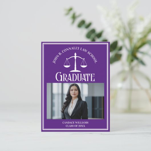 パープルホワイトロースクール写真卒業 案内ポストカード (スタンド正面)