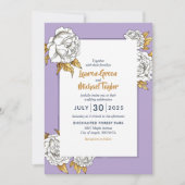 パープルホワイトローズカーネーション春結婚フローラ 招待状 (正面)