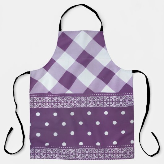パープルホワイト市松模様に水玉模様フローラダマスクアート エプロン (正面)