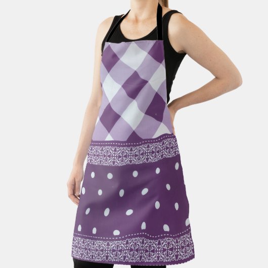 パープルホワイト市松模様に水玉模様フローラダマスクアート エプロン (インサイチュ)