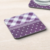 パープルホワイト市松模様に水玉模様フローラダマスクアート コースター (左側)