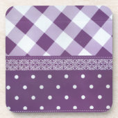 パープルホワイト市松模様に水玉模様フローラダマスクアート コースター (正面)