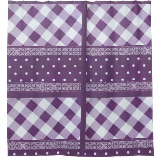 パープルホワイト市松模様に水玉模様フローラダマスクアート シャワーカーテン (正面)