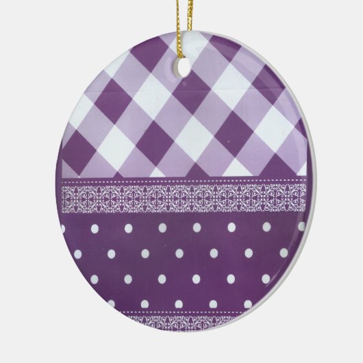 パープルホワイト市松模様に水玉模様フローラダマスクアート セラミックオーナメント (左)