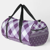 パープルホワイト市松模様に水玉模様フローラダマスクアート ダッフルバッグ (右コーナー)