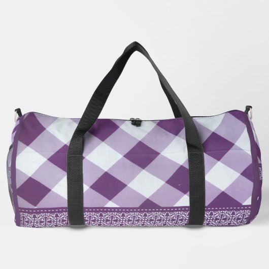 パープルホワイト市松模様に水玉模様フローラダマスクアート ダッフルバッグ (裏面)