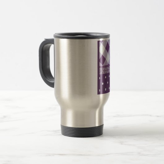 パープルホワイト市松模様に水玉模様フローラダマスクアート トラベルマグ (正面左)