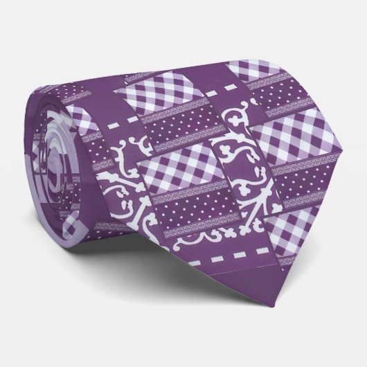 パープルホワイト市松模様に水玉模様フローラダマスクアート ネクタイ (ロール)