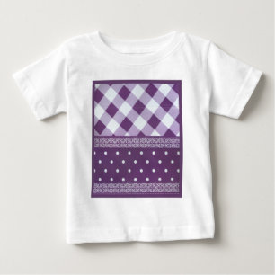 パープルホワイト市松模様に水玉模様フローラダマスクアート ベビーTシャツ