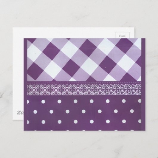 パープルホワイト市松模様に水玉模様フローラダマスクアート ポストカード (正面/裏面)