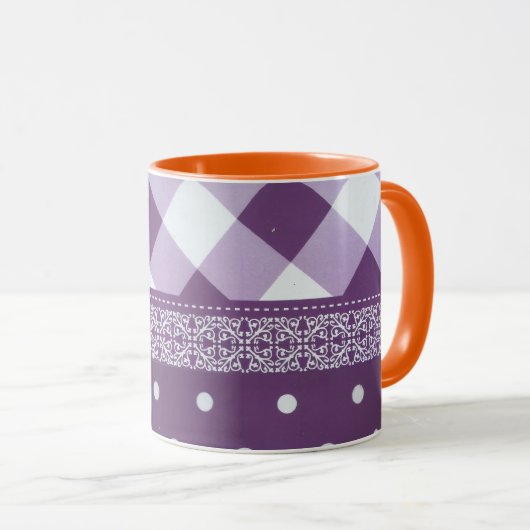 パープルホワイト市松模様に水玉模様フローラダマスクアート マグカップ (正面右)