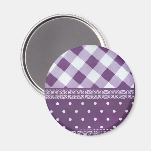 パープルホワイト市松模様に水玉模様フローラダマスクアート マグネット (正面/裏面)