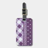 パープルホワイト市松模様に水玉模様フローラダマスクアート ラゲッジタグ (正面縦)