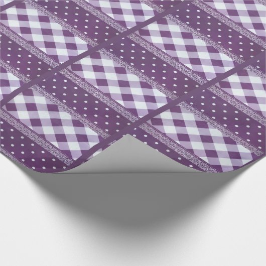 パープルホワイト市松模様に水玉模様フローラダマスクアート ラッピングペーパー (角)