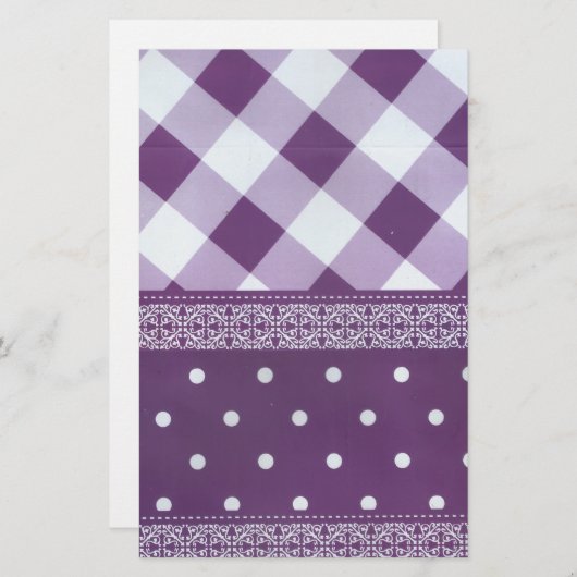 パープルホワイト市松模様に水玉模様フローラダマスクアート 便箋 (正面/裏面)