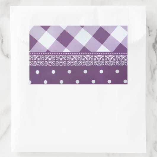 パープルホワイト市松模様に水玉模様フローラダマスクアート 長方形シール (バッグ)