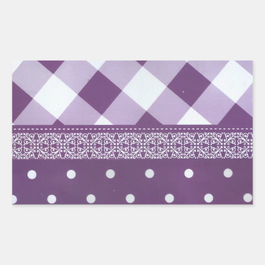 パープルホワイト市松模様に水玉模様フローラダマスクアート 長方形シール (正面)