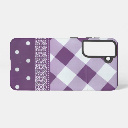 パープルホワイト市松模様に水玉模様フローラダマスクアート SAMSUNG GALAXYケース (裏面横)