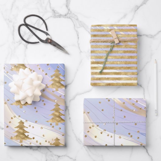パープルホワイト金ゴールドクリスマスツリーグリッツ ラッピングペーパーシート (正面)