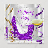 パープルホワイト金ゴールドグリッターハイヒールシャンパン4 招待状 (正面/裏面)