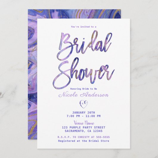 パープルホワイト金ゴールドマーブルシックグラムブライダルシャワー 招待状 (正面/裏面)