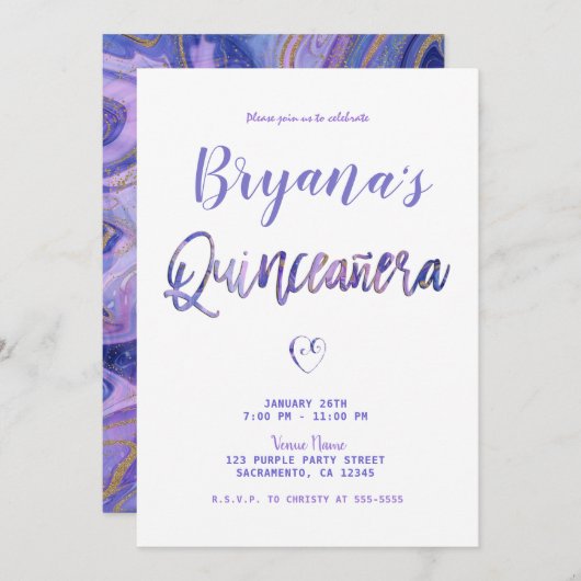 パープルホワイト金ゴールドマーブルシックグラム15キンセアニラ 招待状 (正面/裏面)