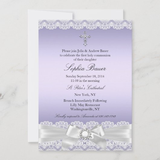パープルボウかわいらしクロス聖餐式 招待状 (正面)