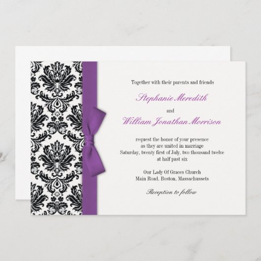 パープルボウとダマスクウェディング招待状 招待状 (正面/裏面)