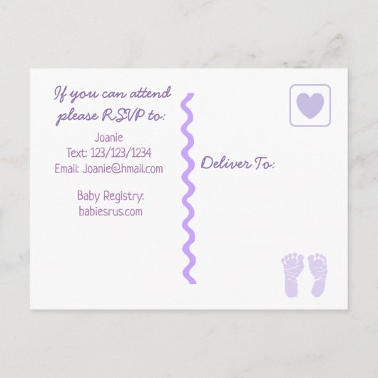 パープルボウと水玉模様ベビーシャワー招待状 インビテーションポストカード (裏面)