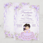 パープルボウのスペイン系女子の3歳のプレゼンタシオン 招待状 (正面/裏面)