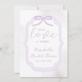 パープルボウの水彩色のウェディングシャワー サンキューカード (正面)