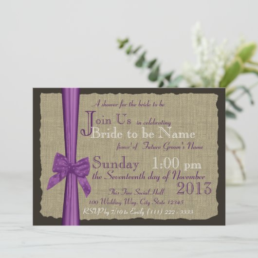 パープルボウアンドバーラップブライダルシャワー 招待状 (スタンド正面)