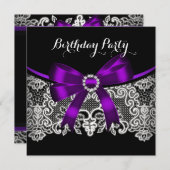 パープルボウエレガントブラックレースホワイト誕生日 招待状 (正面/裏面)