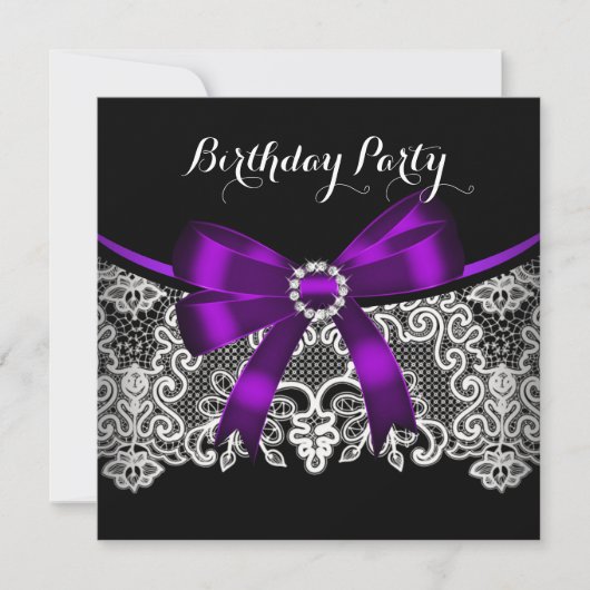 パープルボウエレガントブラックレースホワイト誕生日 招待状 (正面)