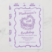 パープルボウスウィート16ハートコケットケーキ誕生日 招待状 (正面/裏面)