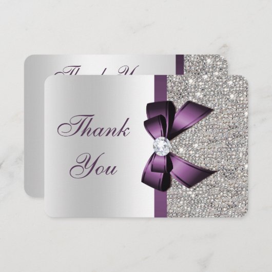 パープルボウフェイクシルバーシークインズダイヤモンドサンキュー サンキューカード (正面/裏面)
