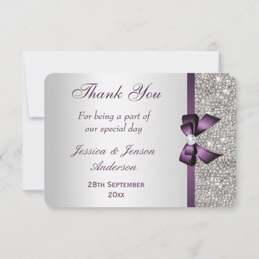 パープルボウフェイクシルバーシークインズダイヤモンドサンキュー サンキューカード (裏面)
