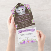 パープルボウフローラエレファントバーンドウッドベビーシャワー オールインワン招待状 (貼ってはがせる)