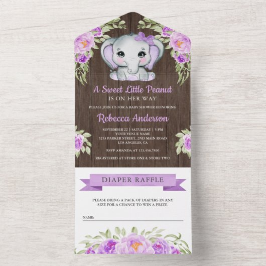 パープルボウフローラエレファントバーンドウッドベビーシャワー オールインワン招待状 (内側)