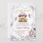 パープルボウフローラ妖精ガールベビーシャワー 招待状 (正面)