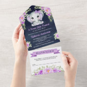 パープルボウフローラ象ネイビーブルーベビーシャワー オールインワン招待状 (貼ってはがせる)