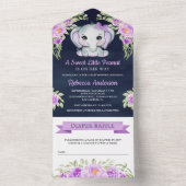 パープルボウフローラ象ネイビーブルーベビーシャワー オールインワン招待状 (内側)