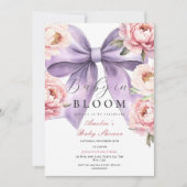 パープルボウベビーイン開花ベビーシャワーピンク牡丹 招待状 (正面)