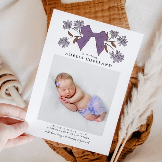 パープルボウベビー写真誕生発表 案内状