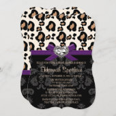 パープルボウレオパードプリントきらきら光るブライダルシャワー 招待状 (正面/裏面)