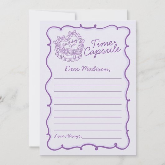 パープルボウレトロコケットケーキタイムカプセルカード 招待状 (正面)