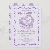 パープルボウレトロハートコケッテケーキ ブライズシャワー 招待状 (正面/裏面)