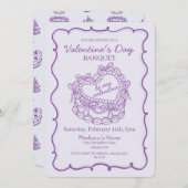 パープルボウレトロハートコケットケーキバレンタイン 招待状 (正面/裏面)