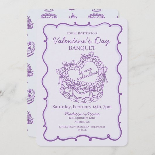 パープルボウレトロハートコケットケーキバレンタイン 招待状 (正面/裏面)