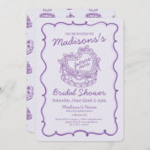 パープルボウレトロハートコケットケーキブライダルシャワー 招待状 (正面/裏面)
